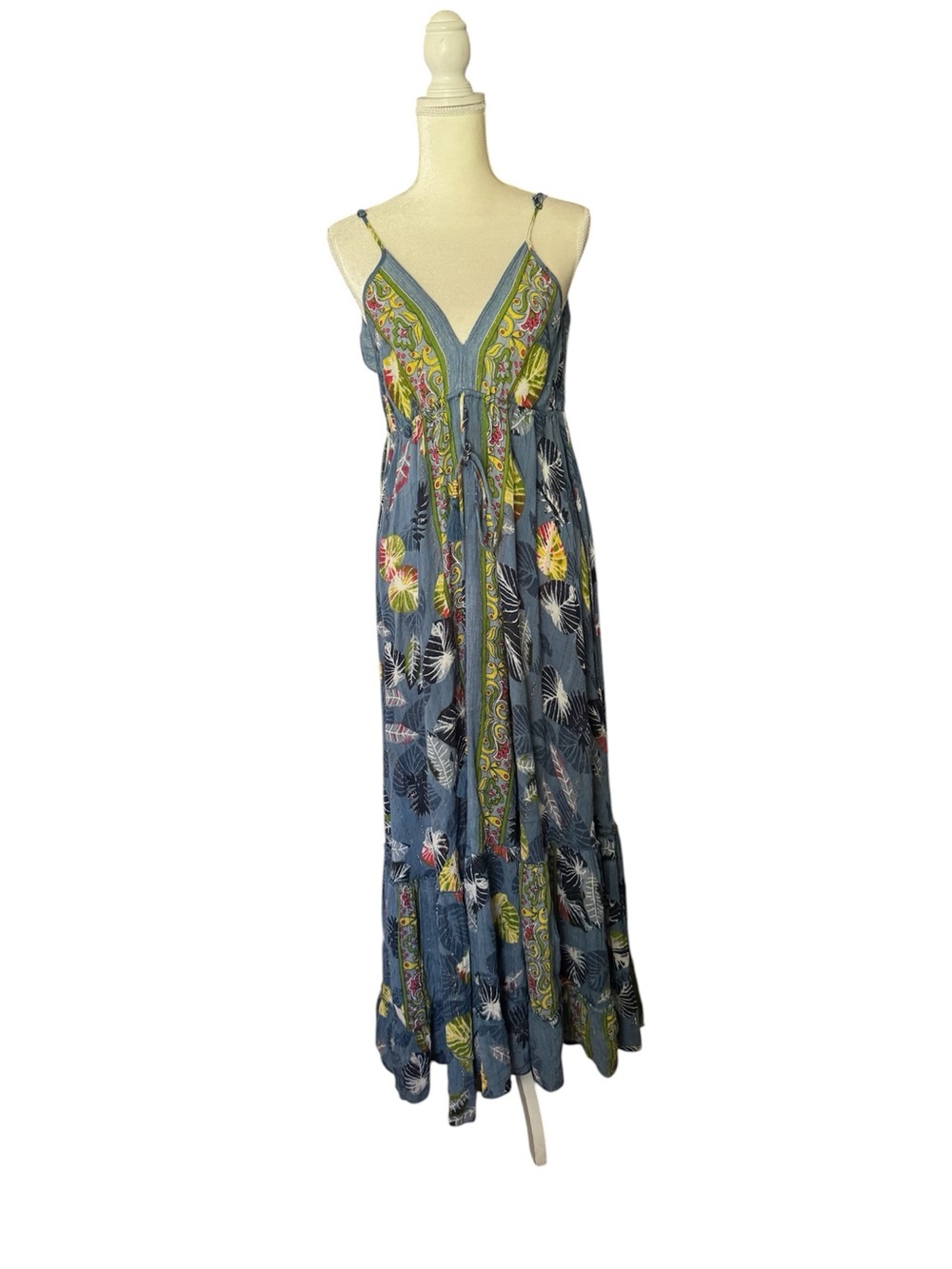 boho miami Blue Floral Tropical Print Maxi Dress with Green Trim